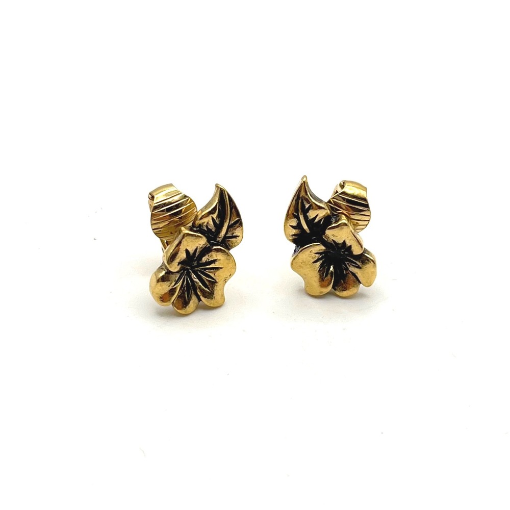 Vintage Avon Gold Tone Floral Leaf Clip On Earrings Botanical Hibiscus Design